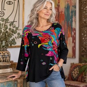 Jane Ashley Womens Art to Wear Floral Sequin Top Sz L Black Y2K Dopamine Chic